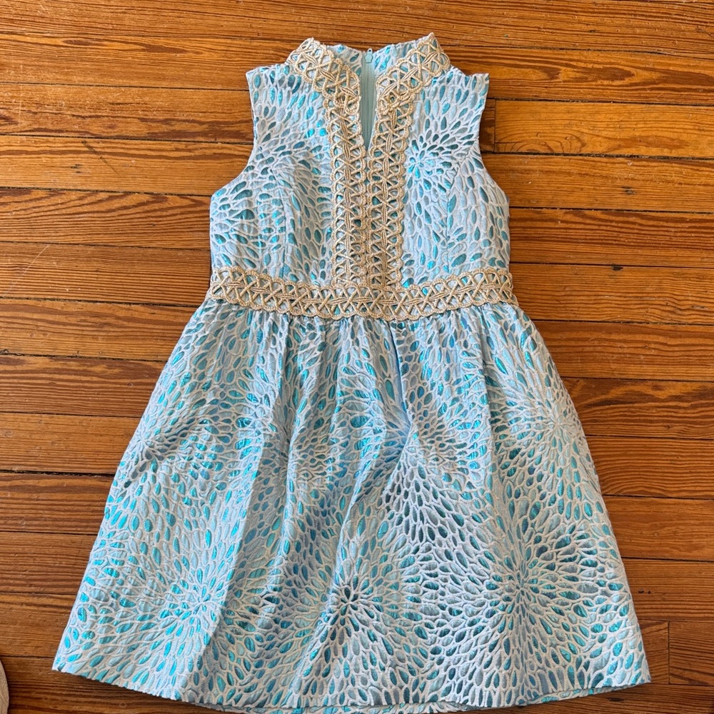 Girls Light Blue Lace Overlay Dress with Gold Trim Lilly Pulitzer